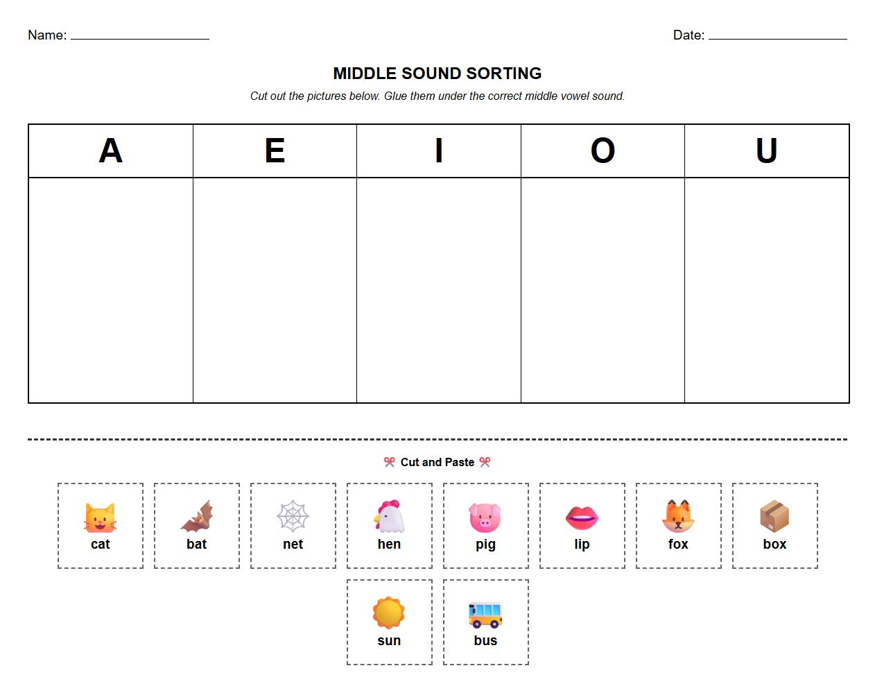 Sorting activities for CVC words by medial vowel sound