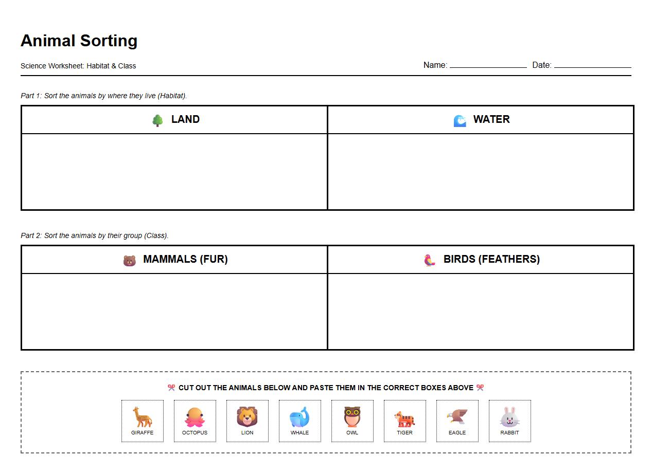 Sorting Animals by Habitat and Class Worksheet