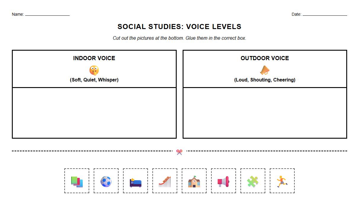Sorting worksheet for distinguishing between indoor and outdoor voice icons