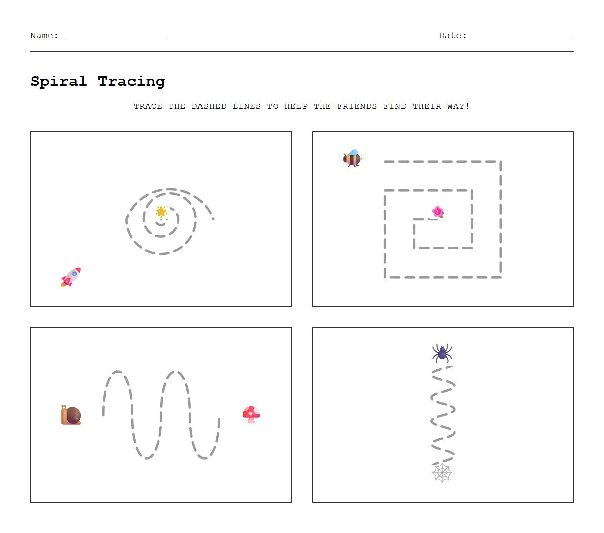 Spiral Curve Tracing Page for Spatial Awareness Practice