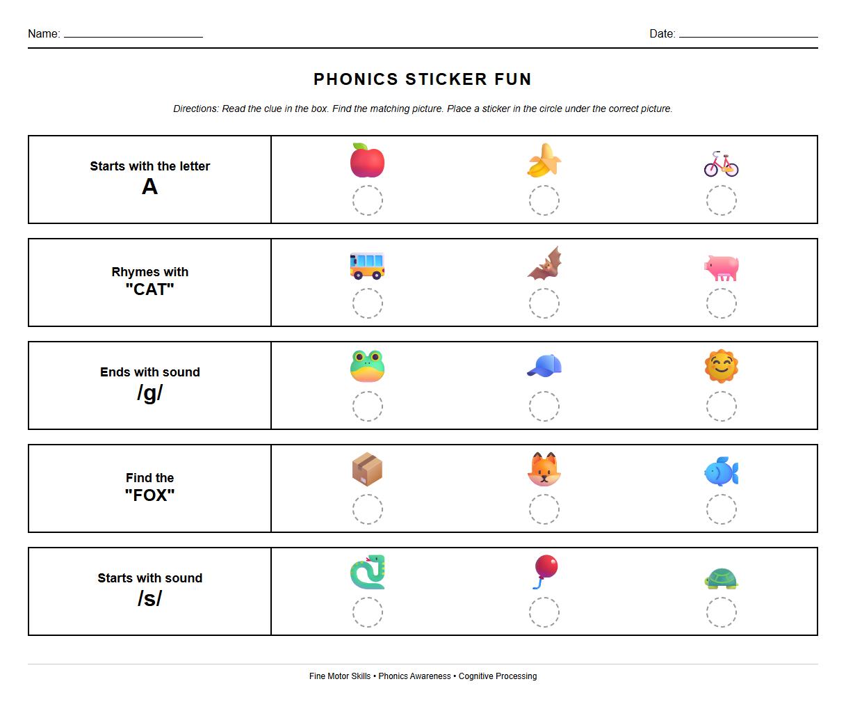 Sticker Placement Following Written Phonics Directions