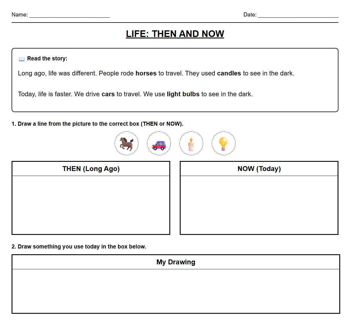 Story Comprehension Worksheet: Life Then and Now