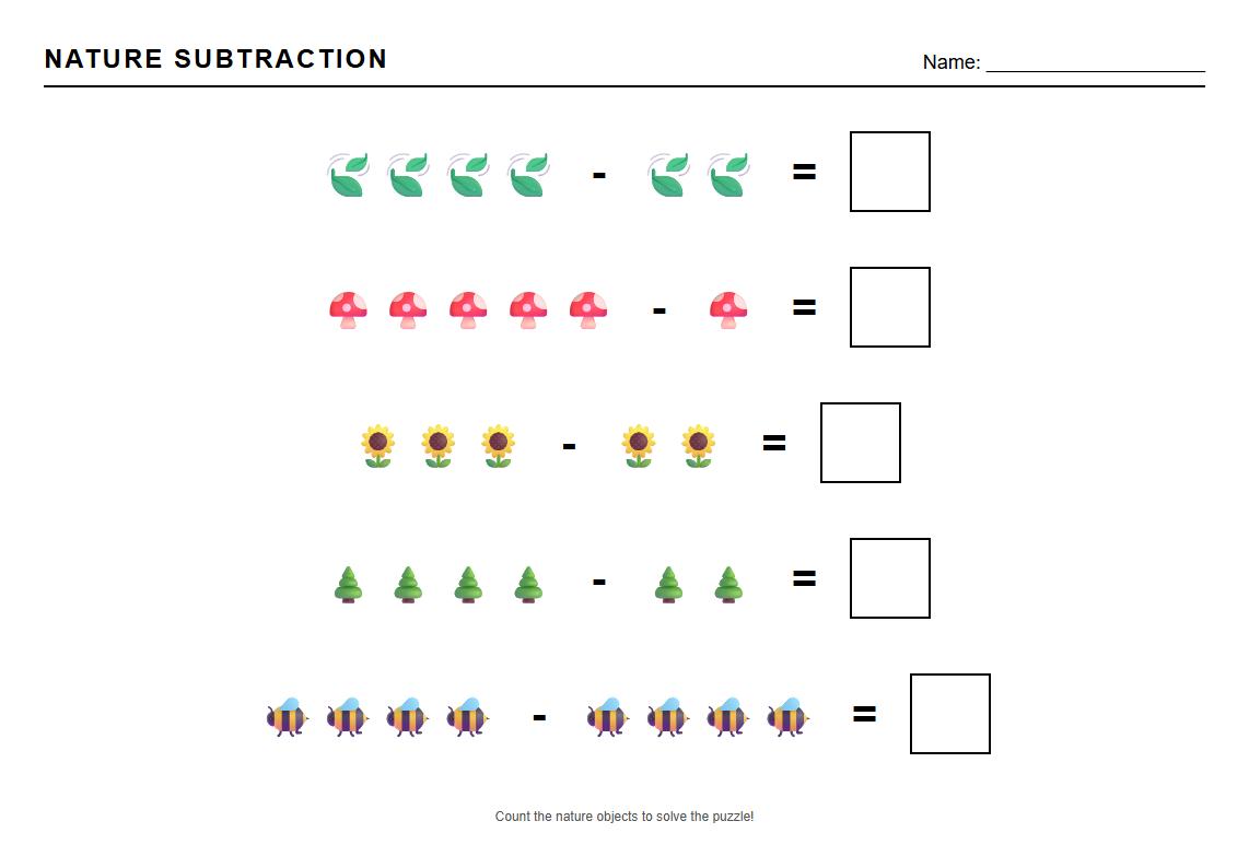 Subtraction problems with nature object representations