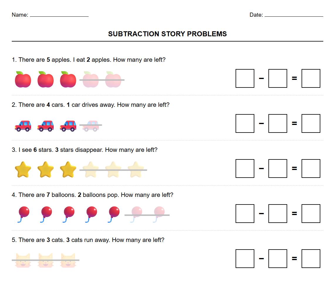 Subtraction Story Problems with Visual Aids Worksheet
