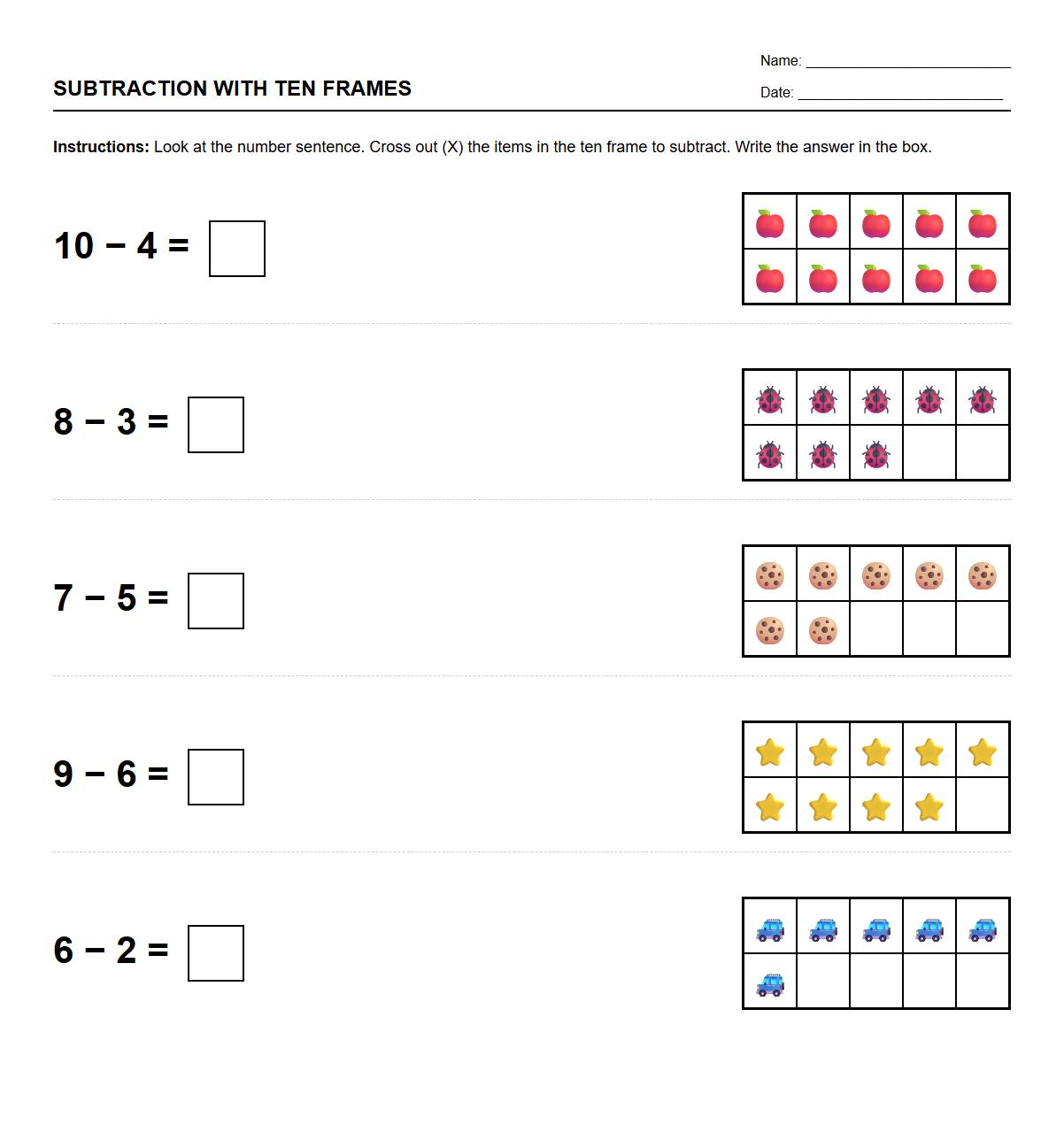 Subtraction Using Tactile Ten Frames Worksheet