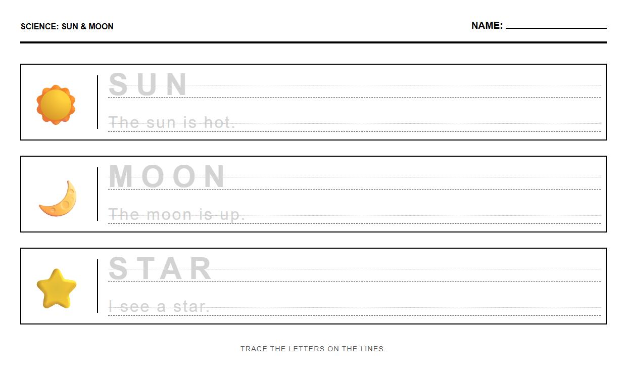 Sun and Moon Phonics Tracing Practice Sheet