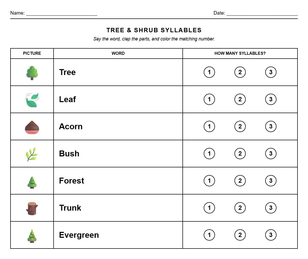 Syllable Counting Sheet for Tree and Shrub Vocabulary