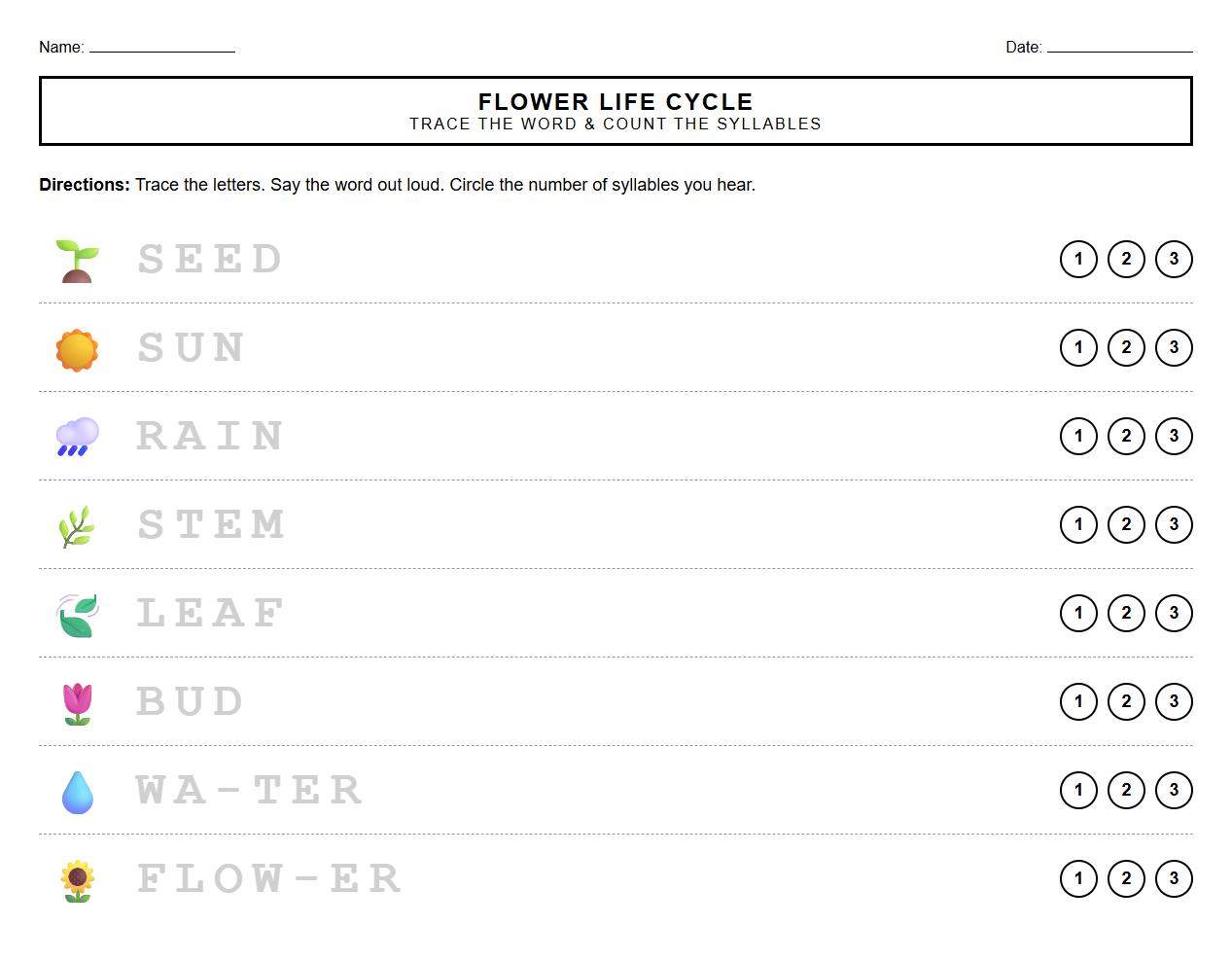 Syllable Counting Tracing Exercise on Flower Life Cycle