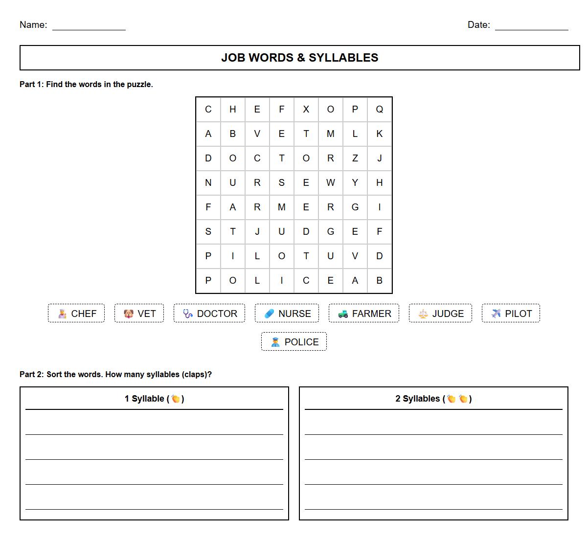 Syllable Sorting Word Search Featuring Occupation Terms