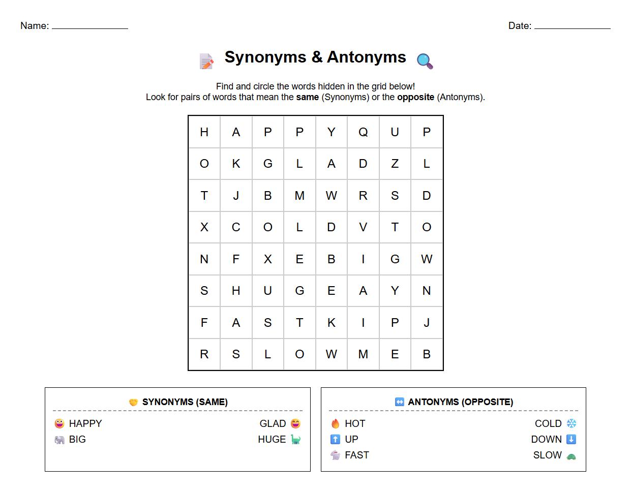 Synonym and Antonym Word Search Activity