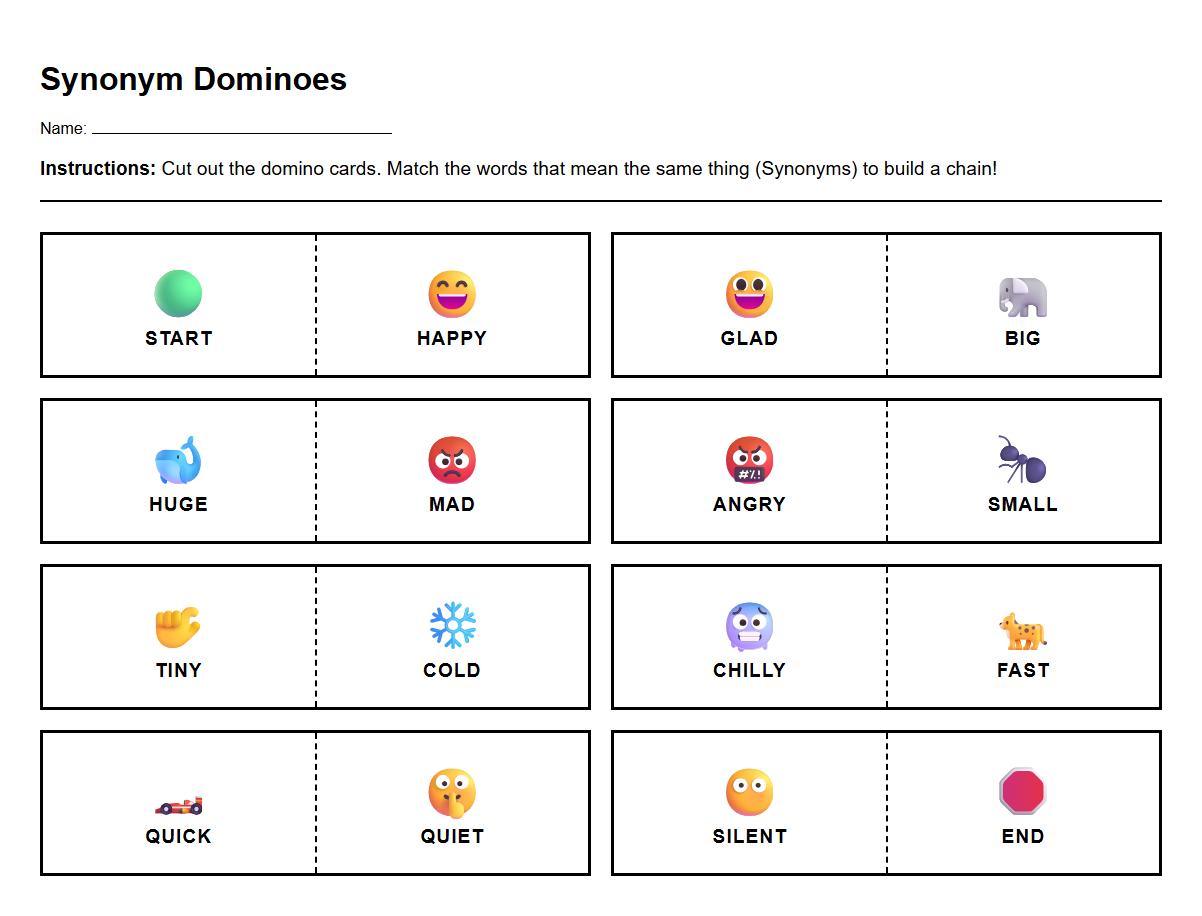Synonym Dominoes Card Worksheet