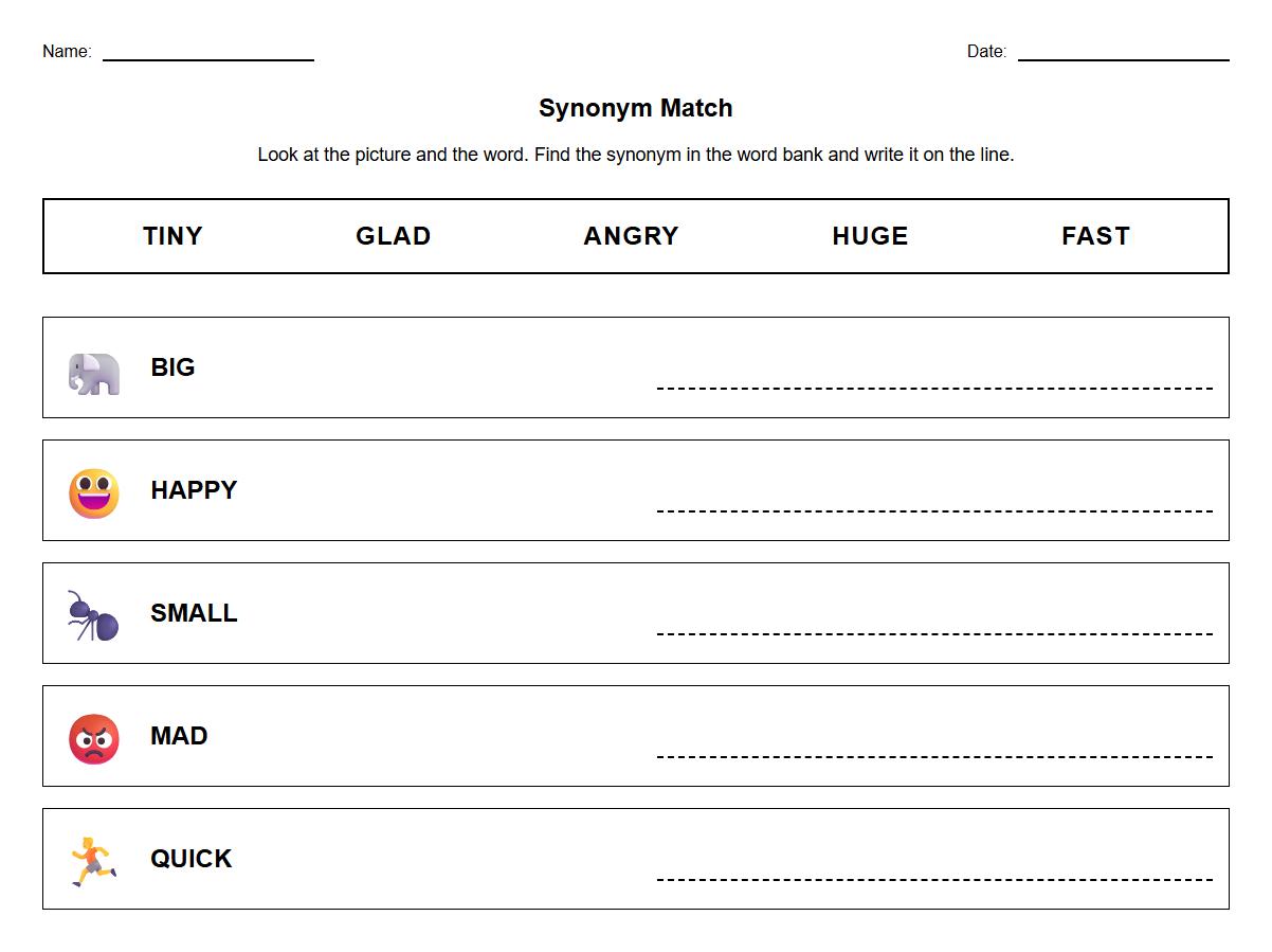 Synonyms Matching Worksheet with Picture Clues and Word Banks