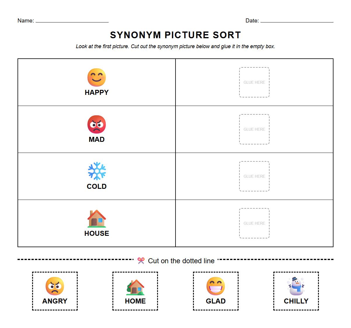 Synonyms Picture Sorting Activity Sheet