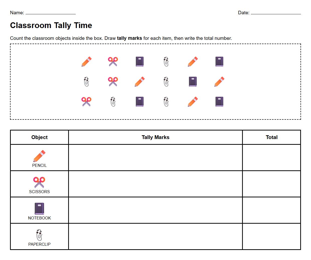 Tally chart worksheet using classroom objects for quantitative analysis