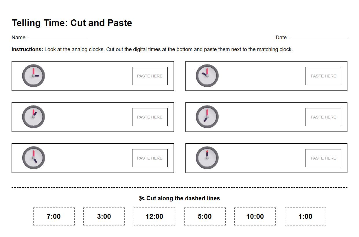 Telling Time to the Hour Cut and Paste Activity Worksheet