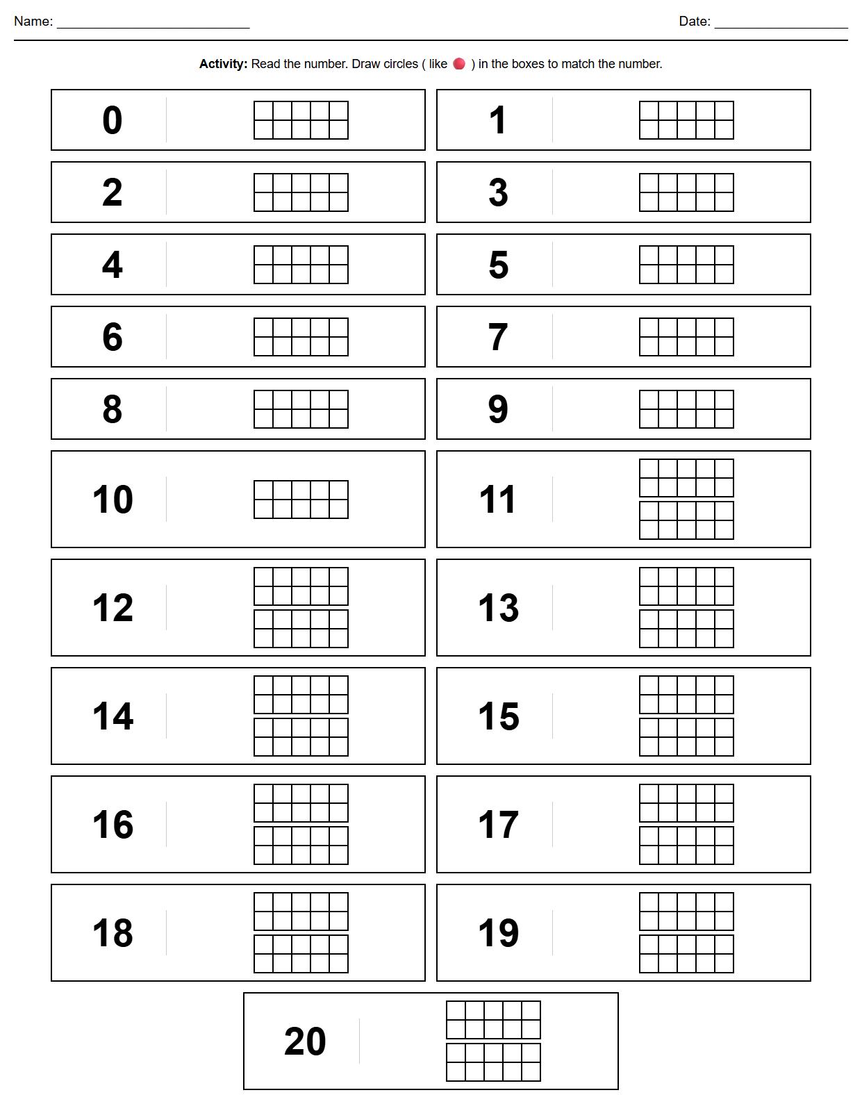 Ten Frame Representation Worksheet for Numbers 0 to 20