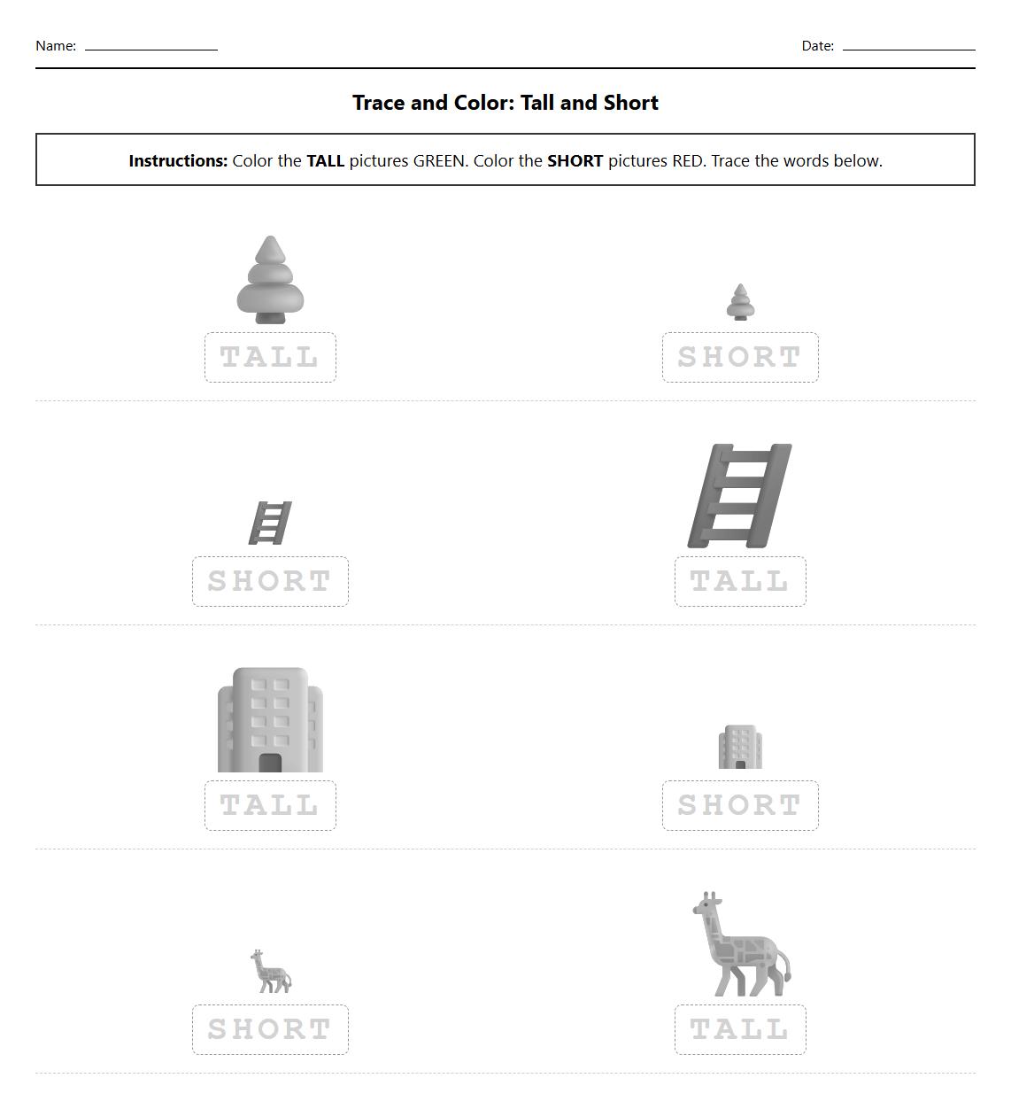 Trace and Color Tall and Short Items with Phonics Pictures