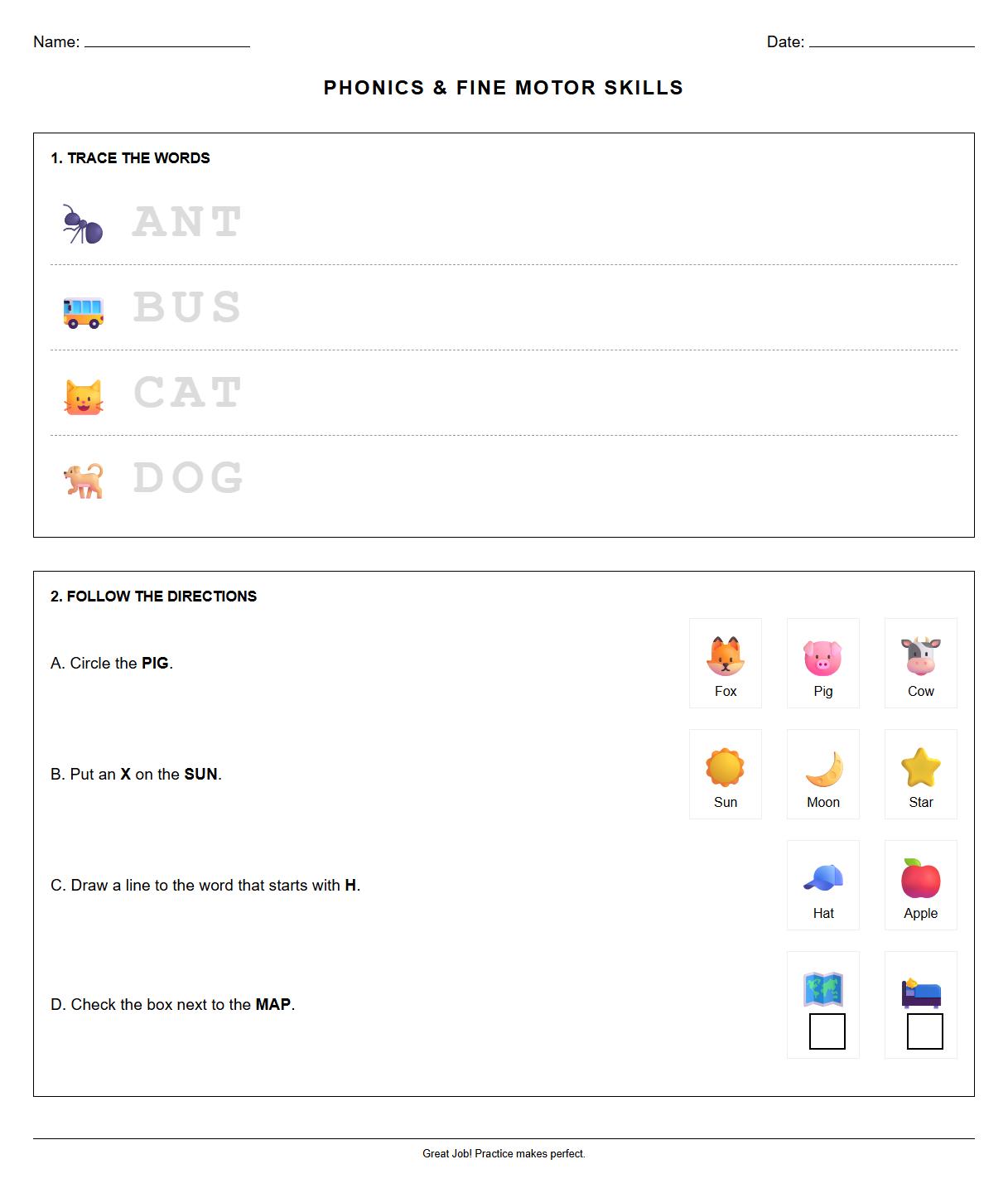 Trace and Follow Directions using Beginning Phonics Words