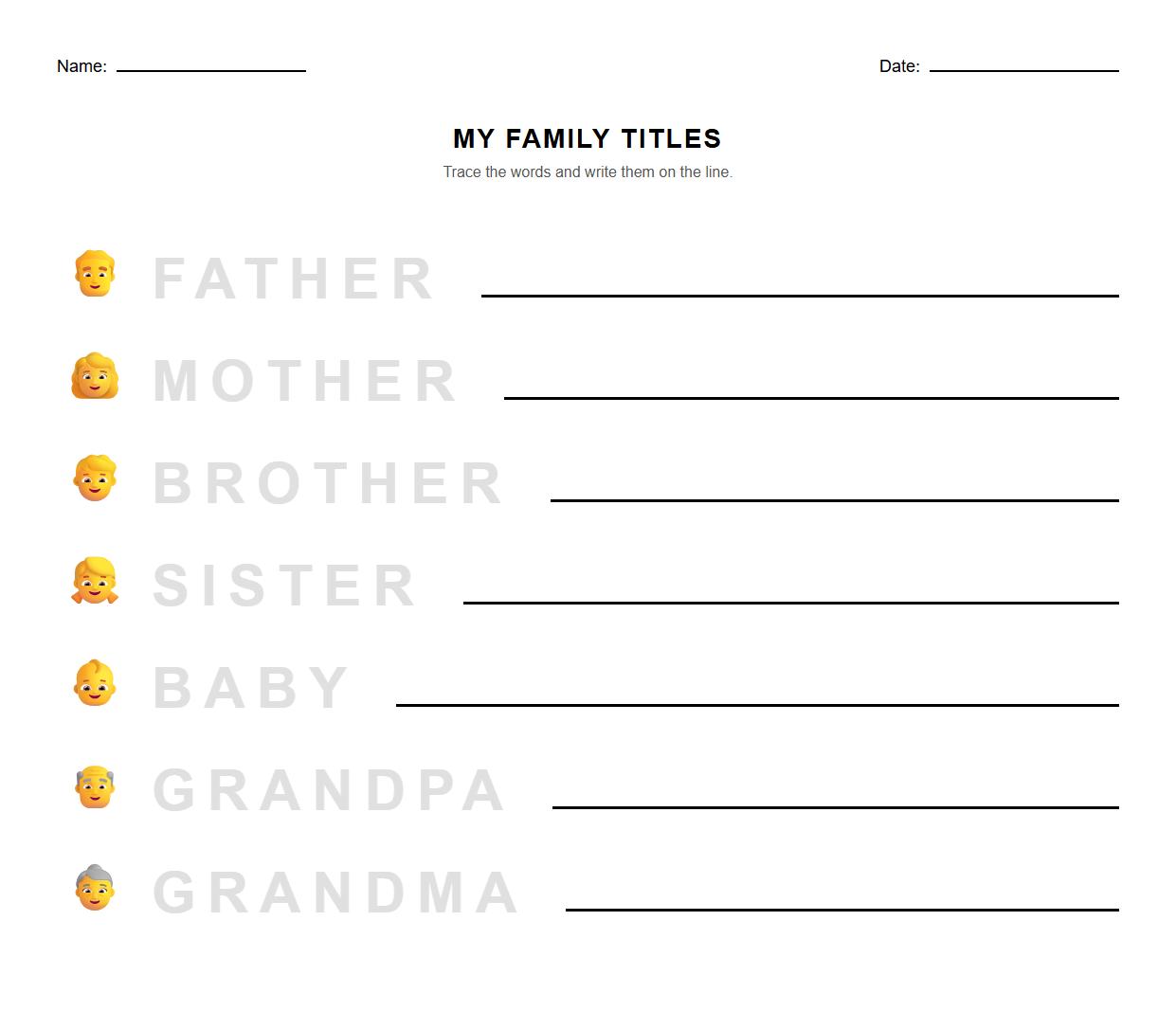 Trace and Write Family Titles Worksheet