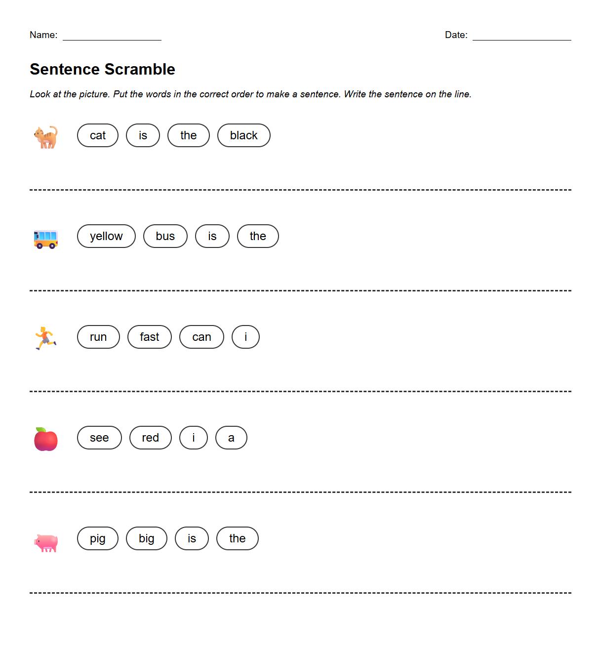Unscramble Simple Sentences Worksheet using Dolch Words
