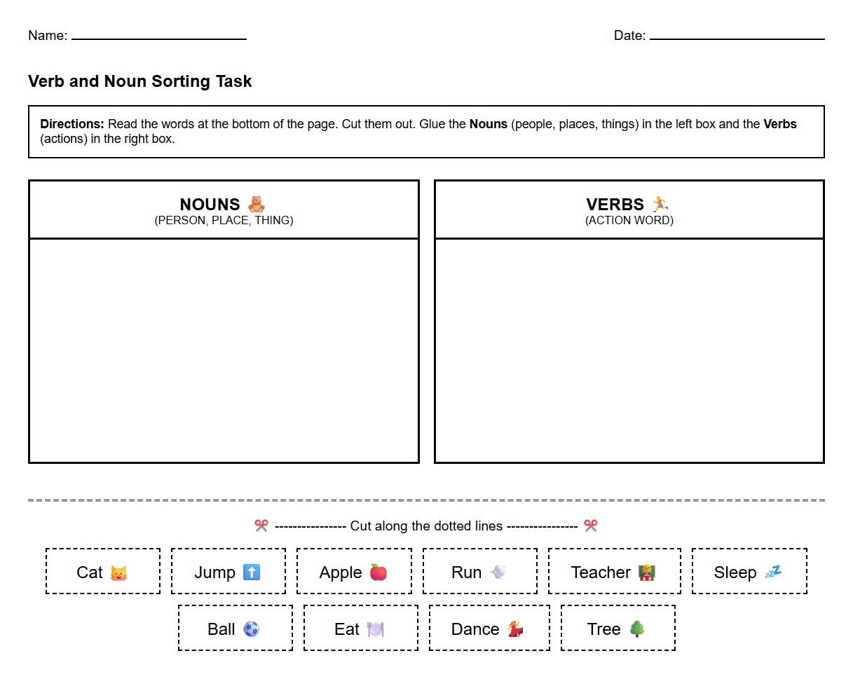 Verb and Noun Sorting Sentence Task
