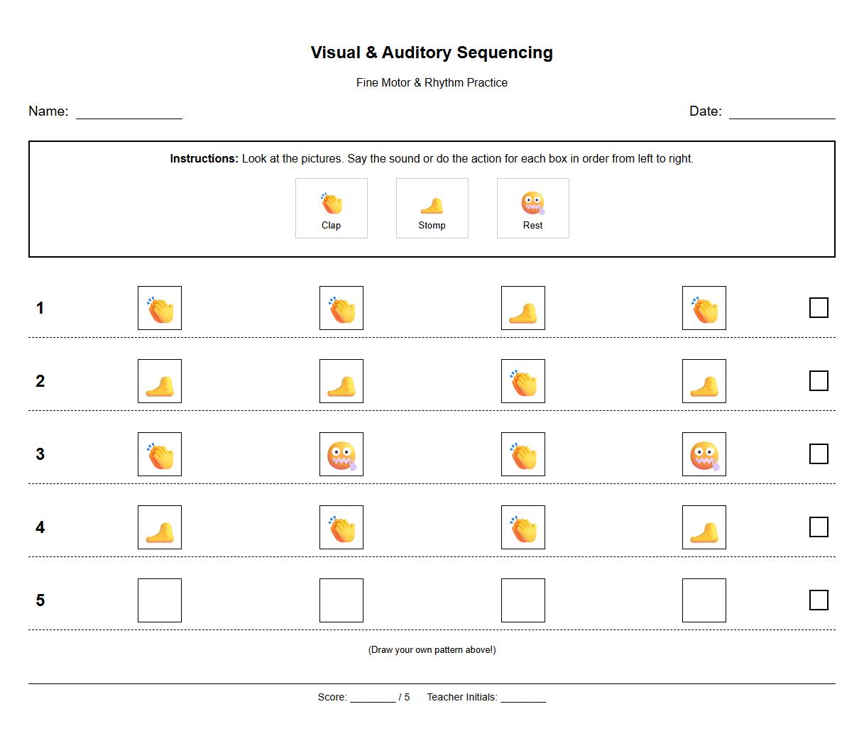 Visual Auditory Cues Sequencing Practice Sheet