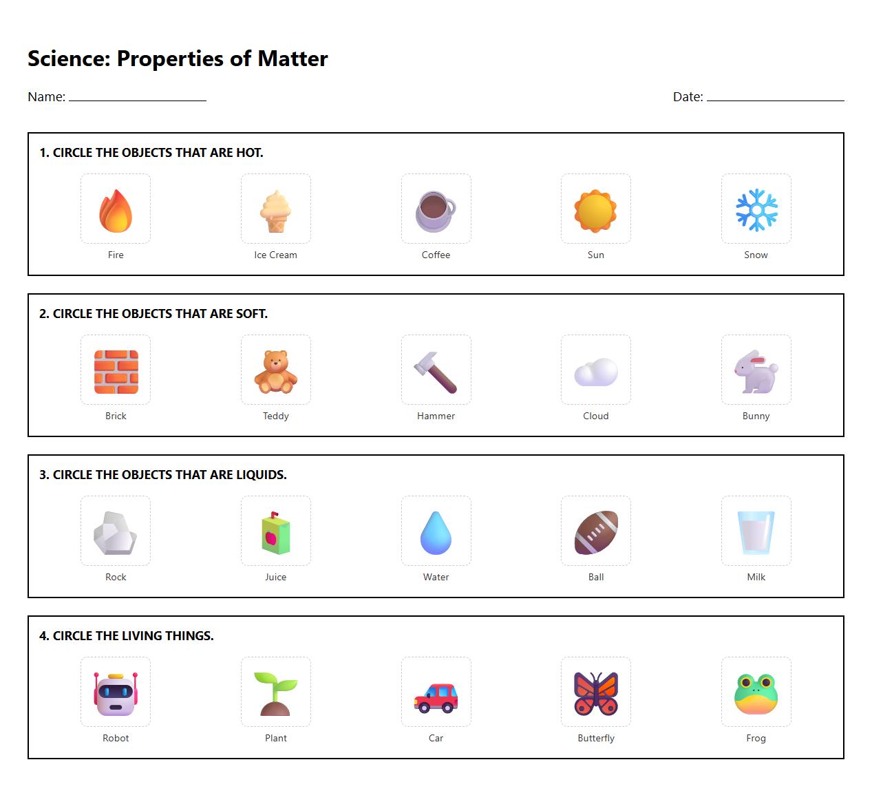 Visual Classification Sheet Using Scientific Properties