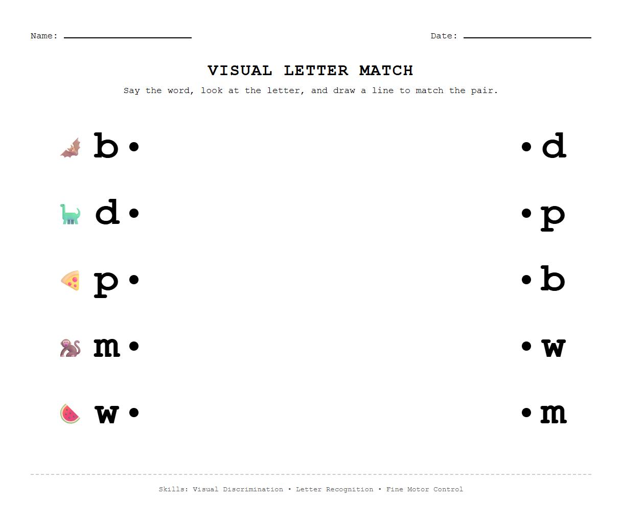 Visual Discrimination Matching Worksheet for Phonics Letter Distinction