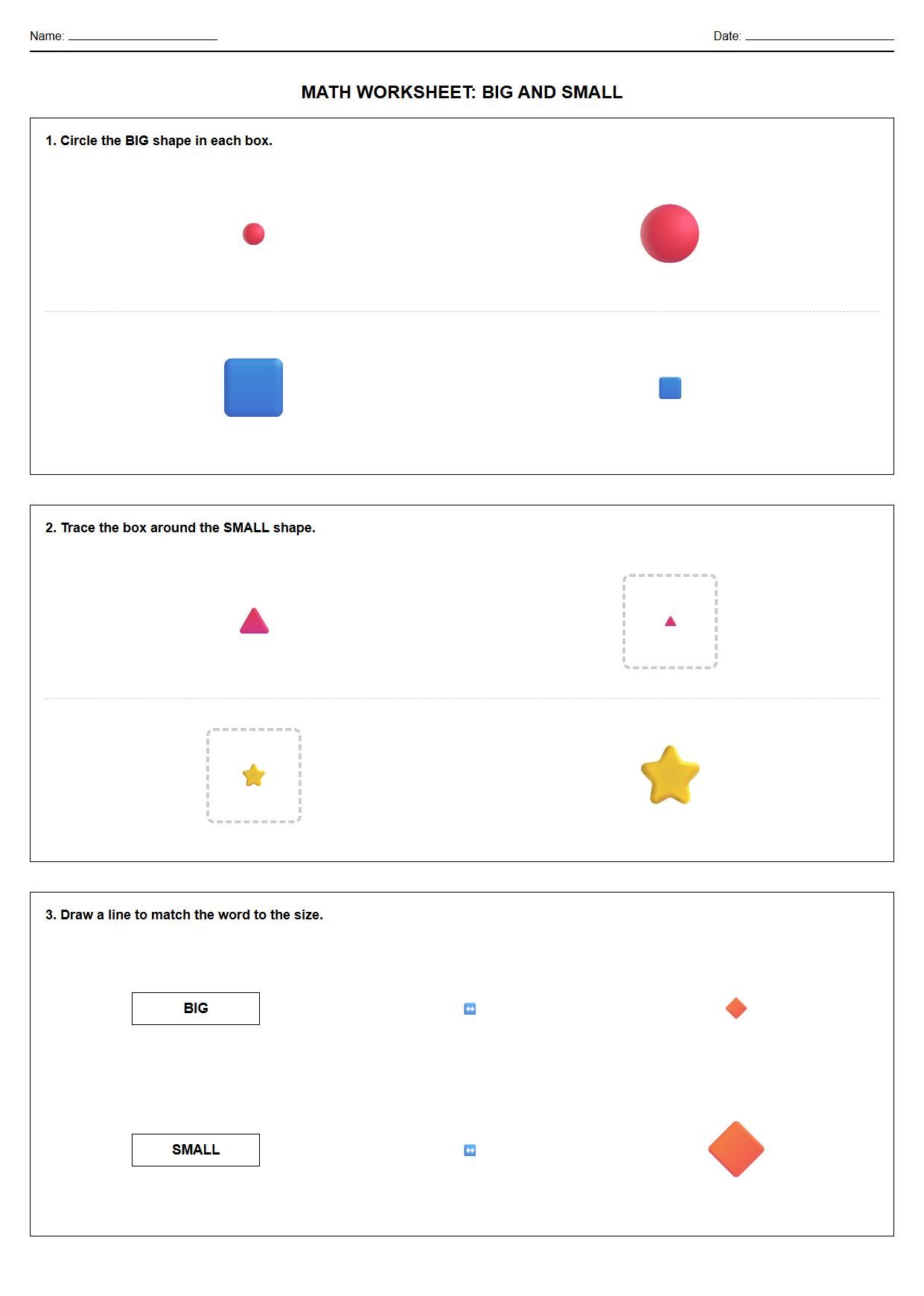 Visual Discrimination worksheet for Kindergarten: Trace and Color Big or Small Shapes