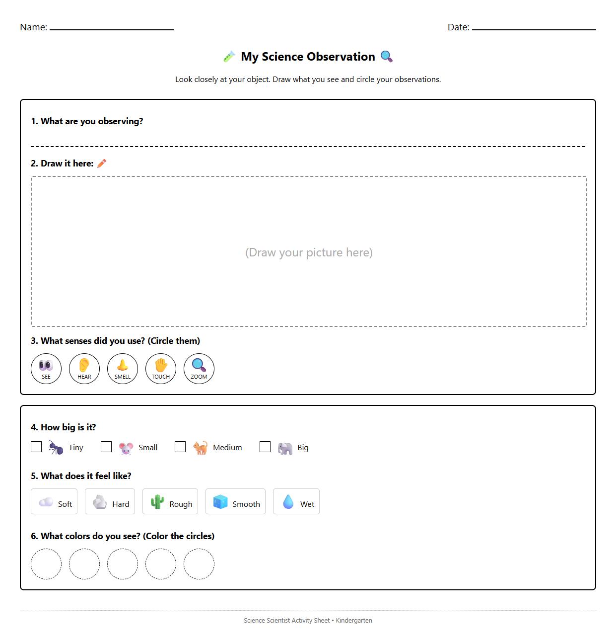 Visual Observation Recording Sheet for Kindergarten Science