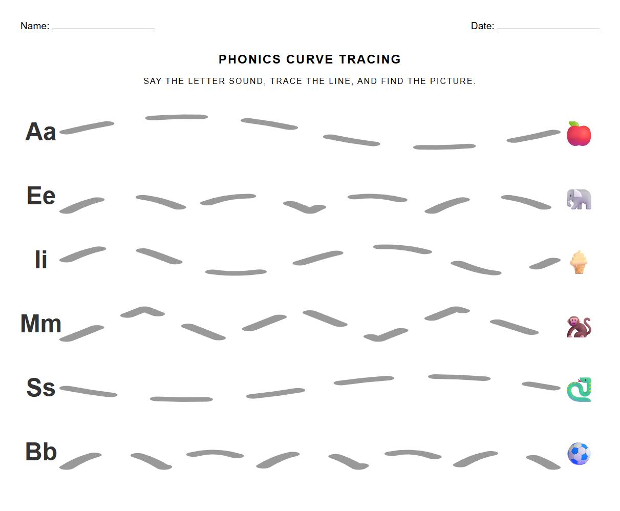 Vowel and Consonant Phonics Curve Tracing Worksheet