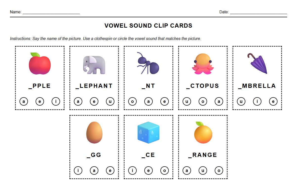 Vowel Sound Clip Cards for Phonics Recognition