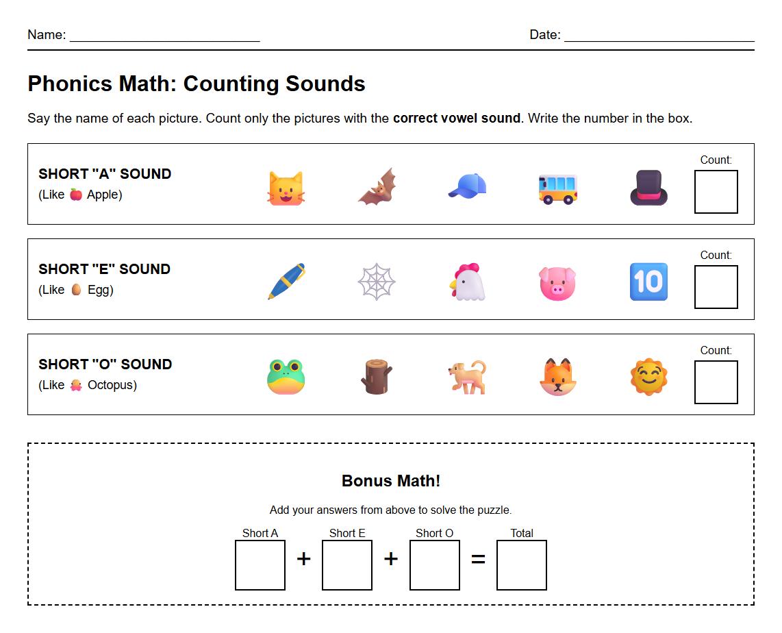 Vowel sound differentiation phonics worksheet