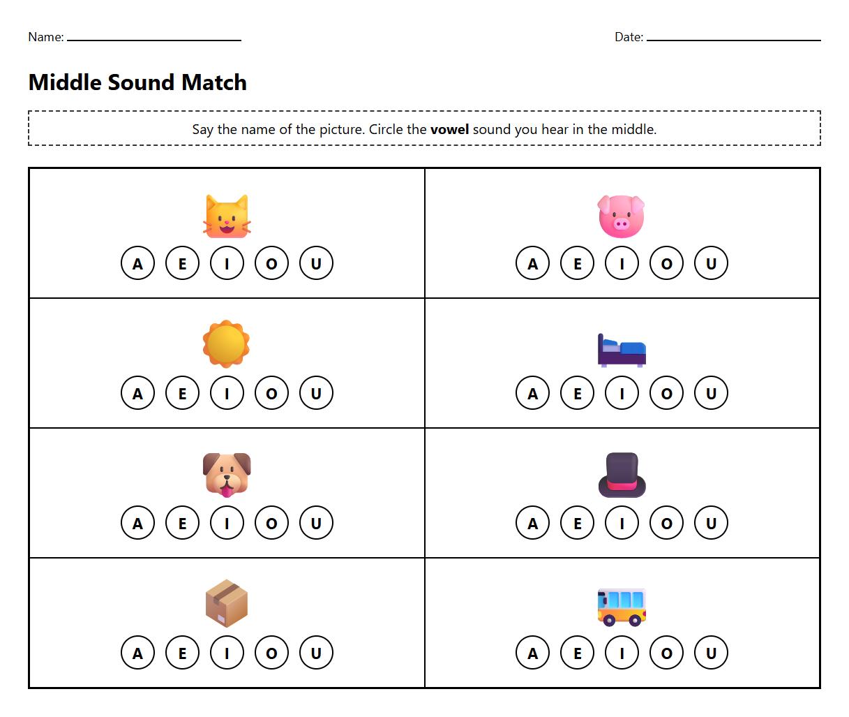 Vowel sound discrimination worksheet for auditory phonemic awareness