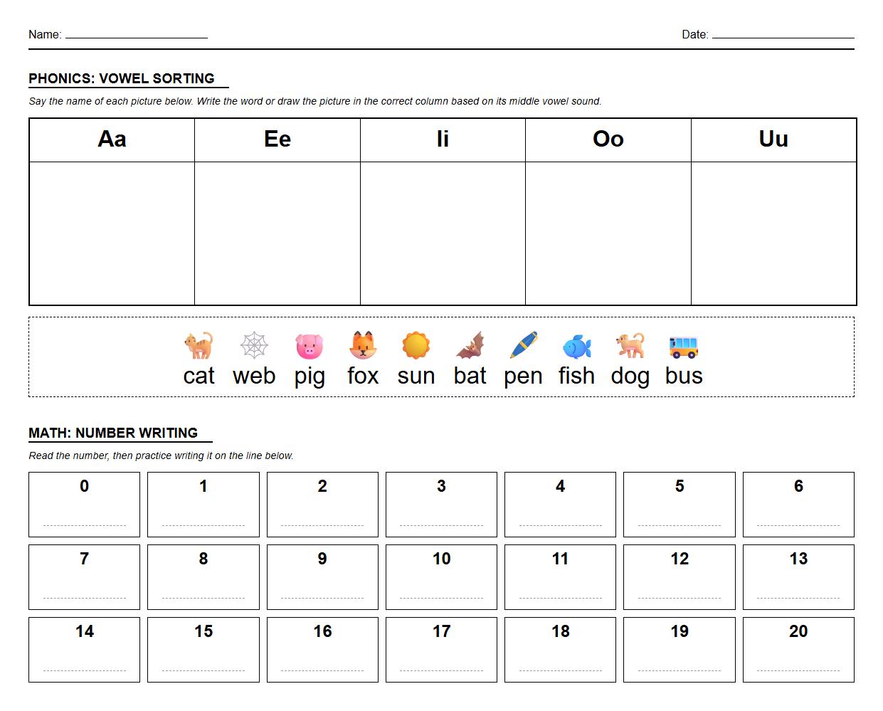 Vowel Sounds Sorting Phonics with Number Writing 0 to 20 Worksheet