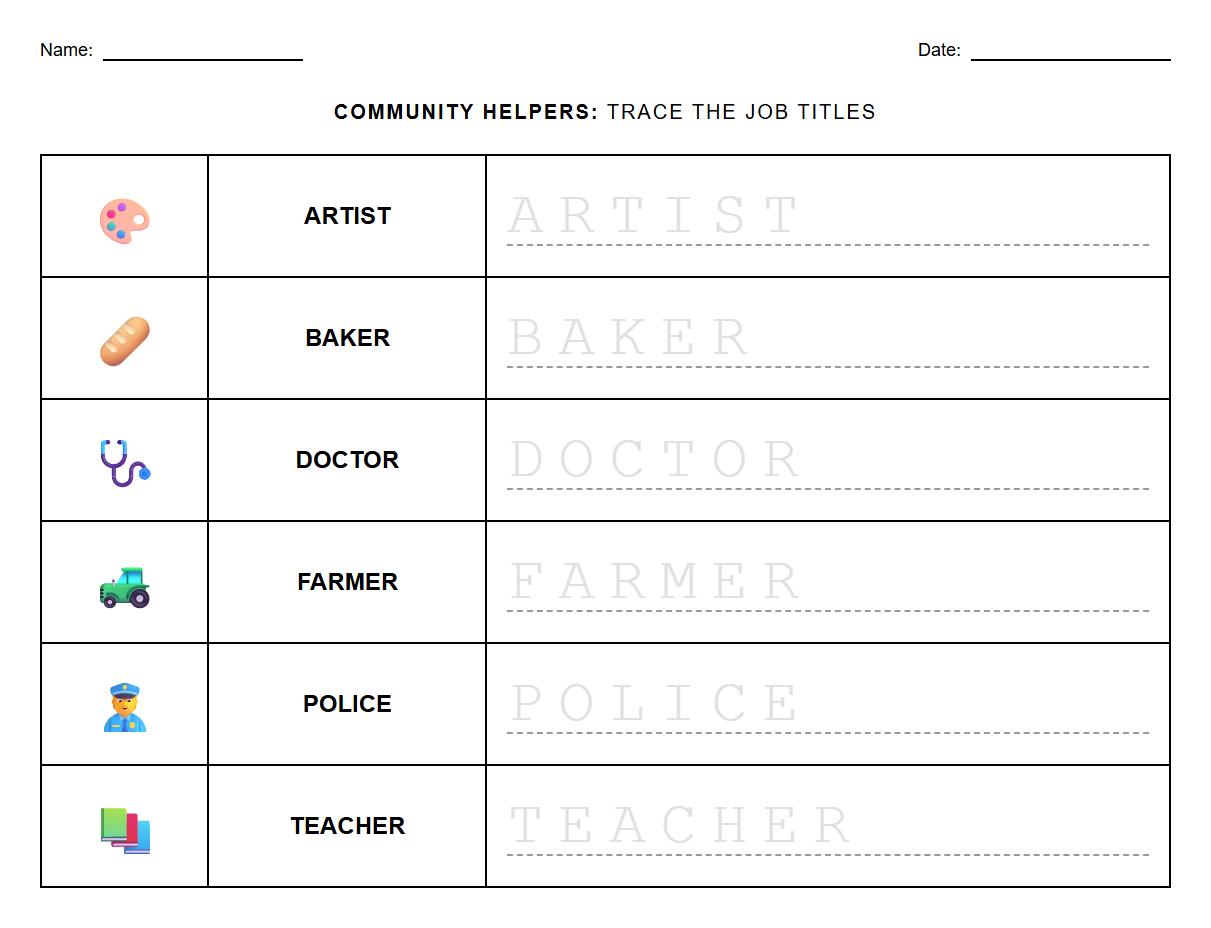 Worker Job Title Tracing Worksheet for Fine Motor Skills and Alphabet Sounds