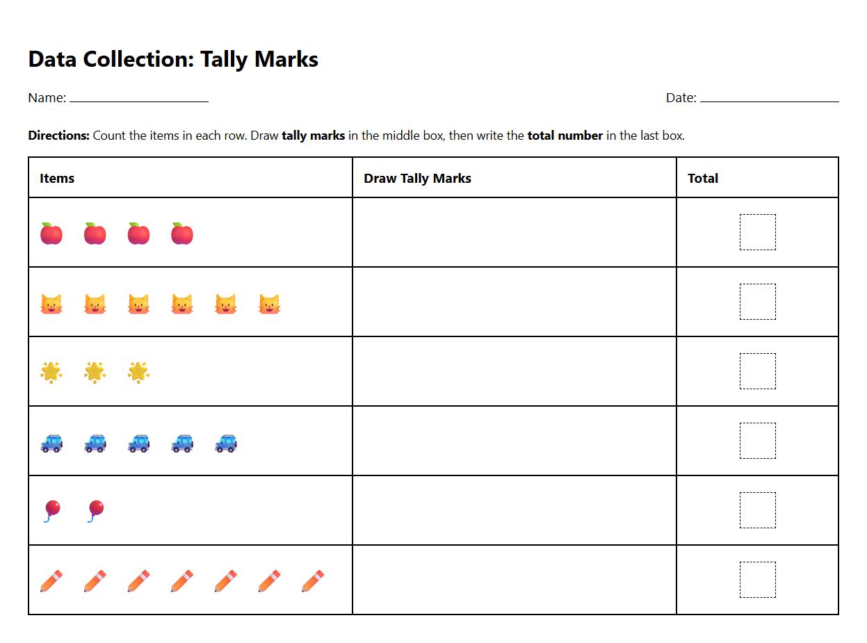 Write and Draw Tally Marks for Data Collection Worksheet