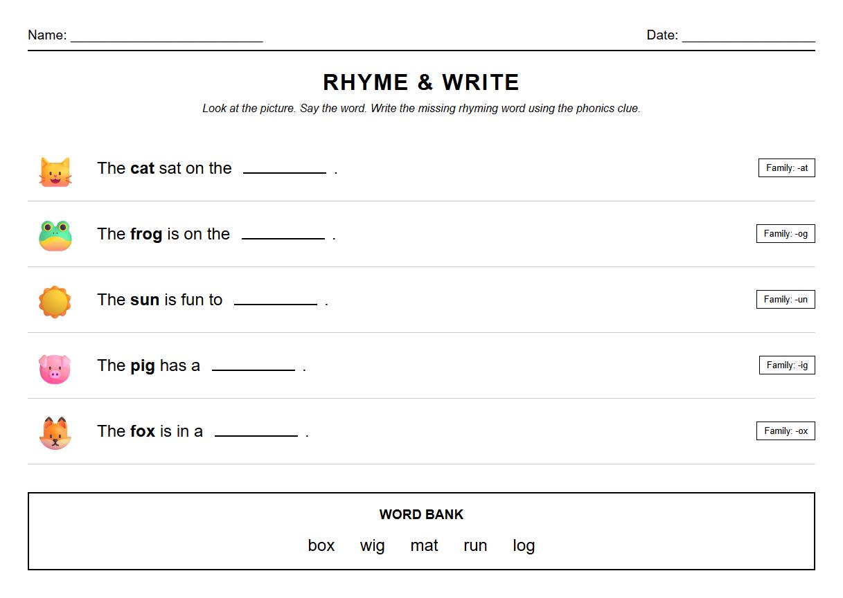 Write the Missing Rhyming Word Based on Phonics Clues