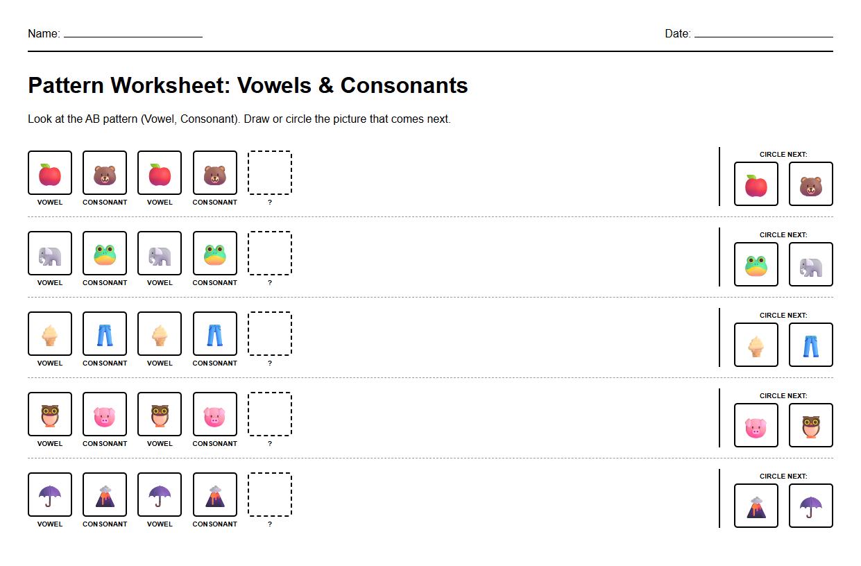 AB Pattern Vowel and Consonant Alternation Worksheet