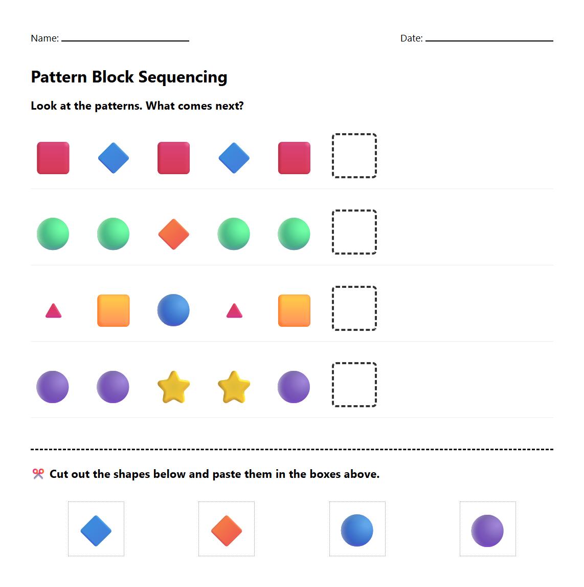 ABC Pattern Sequencing with Pattern Block Manipulatives Worksheet