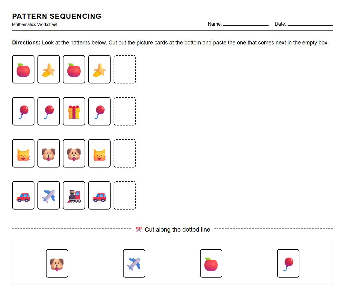 ABC Pattern Sequencing Using Picture Cards Worksheet