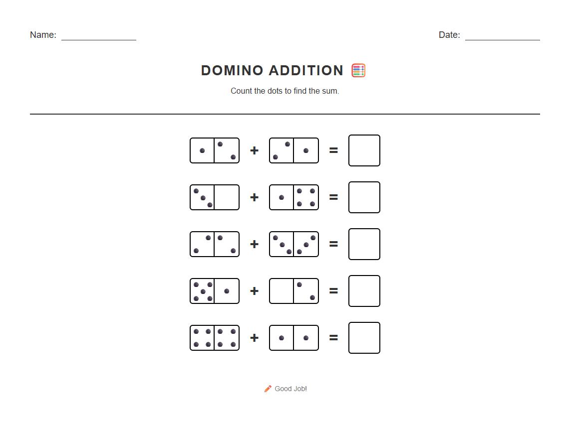 Addition with Dominos Worksheet to develop pattern recognition