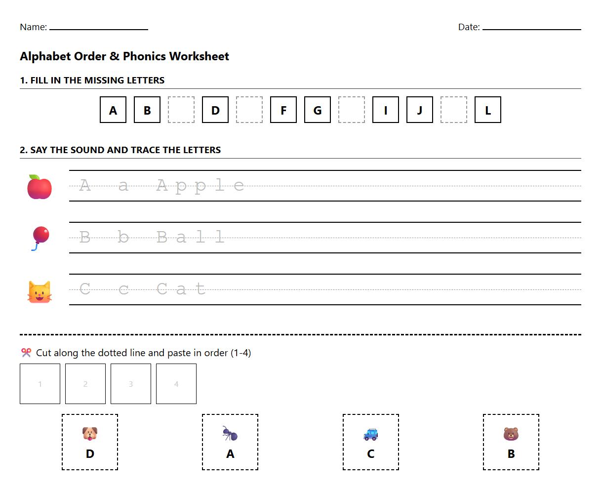 Alphabet Order Puzzle Worksheet for Handwriting and Phonemic Awareness