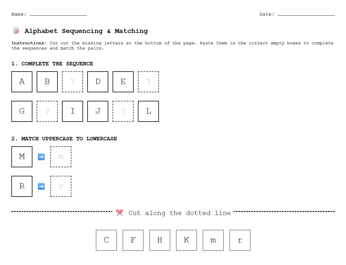 Alphabet Sequencing and Matching Cut and Paste Exercise