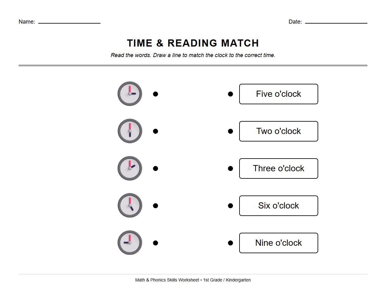 Analog Clock Matching Phonics Worksheet