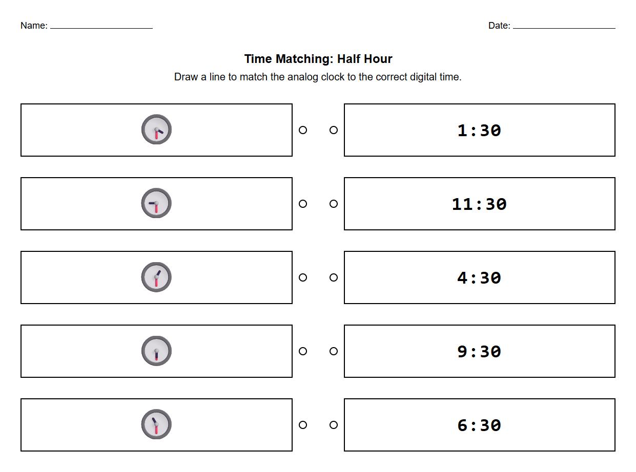 Analog and Digital Clock Matching for Half Hour Worksheets