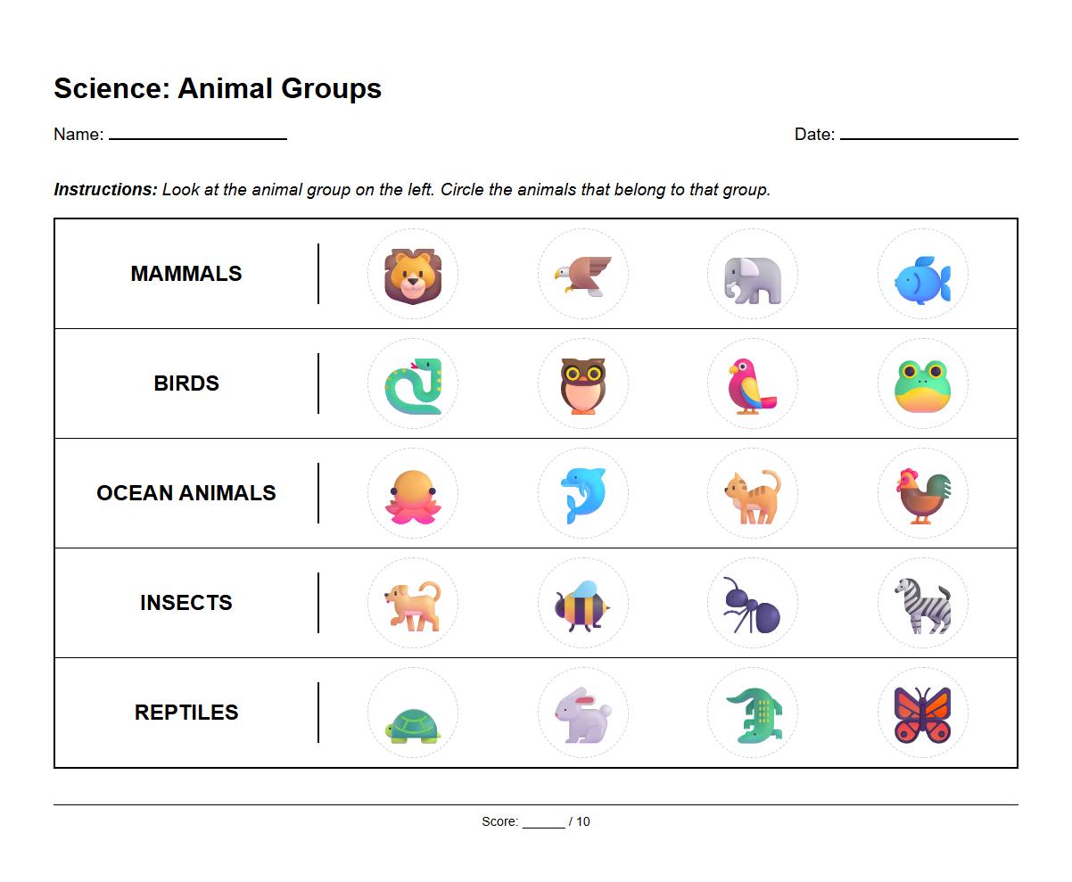 Animal Group Classification Worksheet Using Pictures
