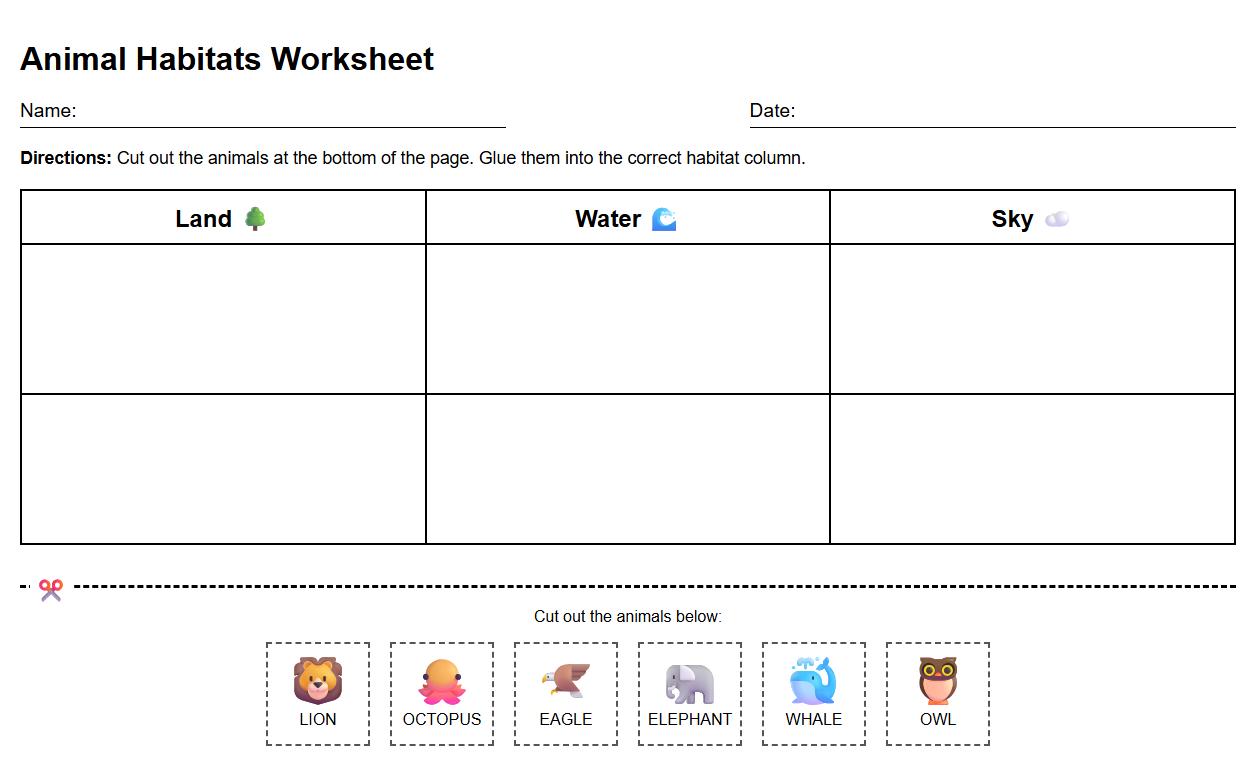 Animal Habitat Sorting Table Worksheet