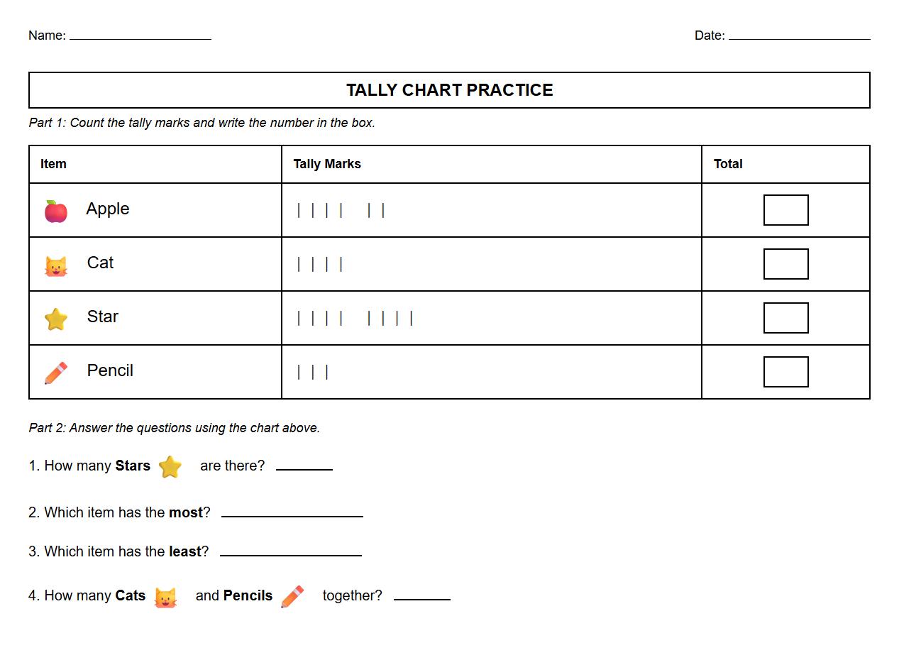 Answering Questions from Tally Chart Practice Sheet