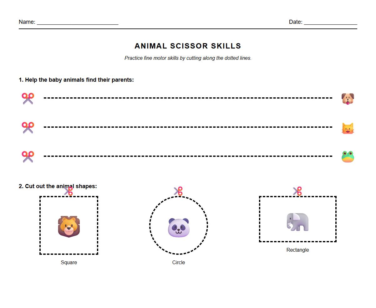 Basic Animal Shape Scissor Skills Worksheet